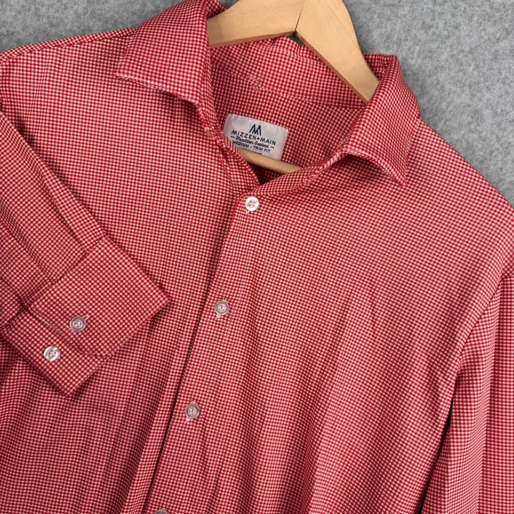 Mizzen+Main Dress Shirt Mens Medium Red White Micro Gingham Trim Fit Performance